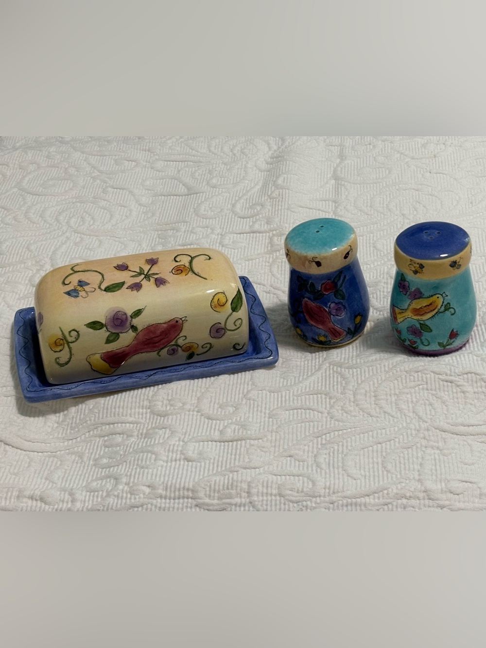 Covered Butter Dish & Salt & Pepper Shakers - “Birds and the Bees” By Sango